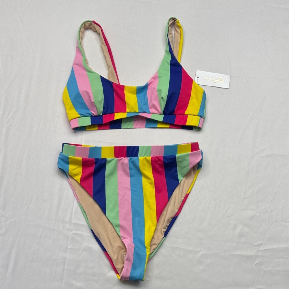 Beach Joy Striped Multi-Color High-Waist Bikini Set Size M